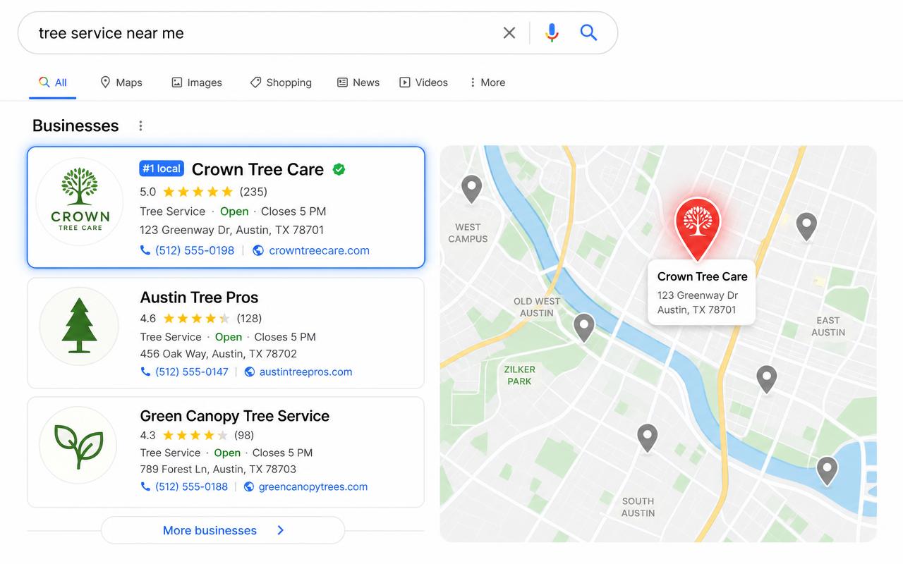 Google local search results for tree service showing the top-ranked business Crown Tree Care at #1 with a 5.0 star rating, 235 reviews, and a map pin